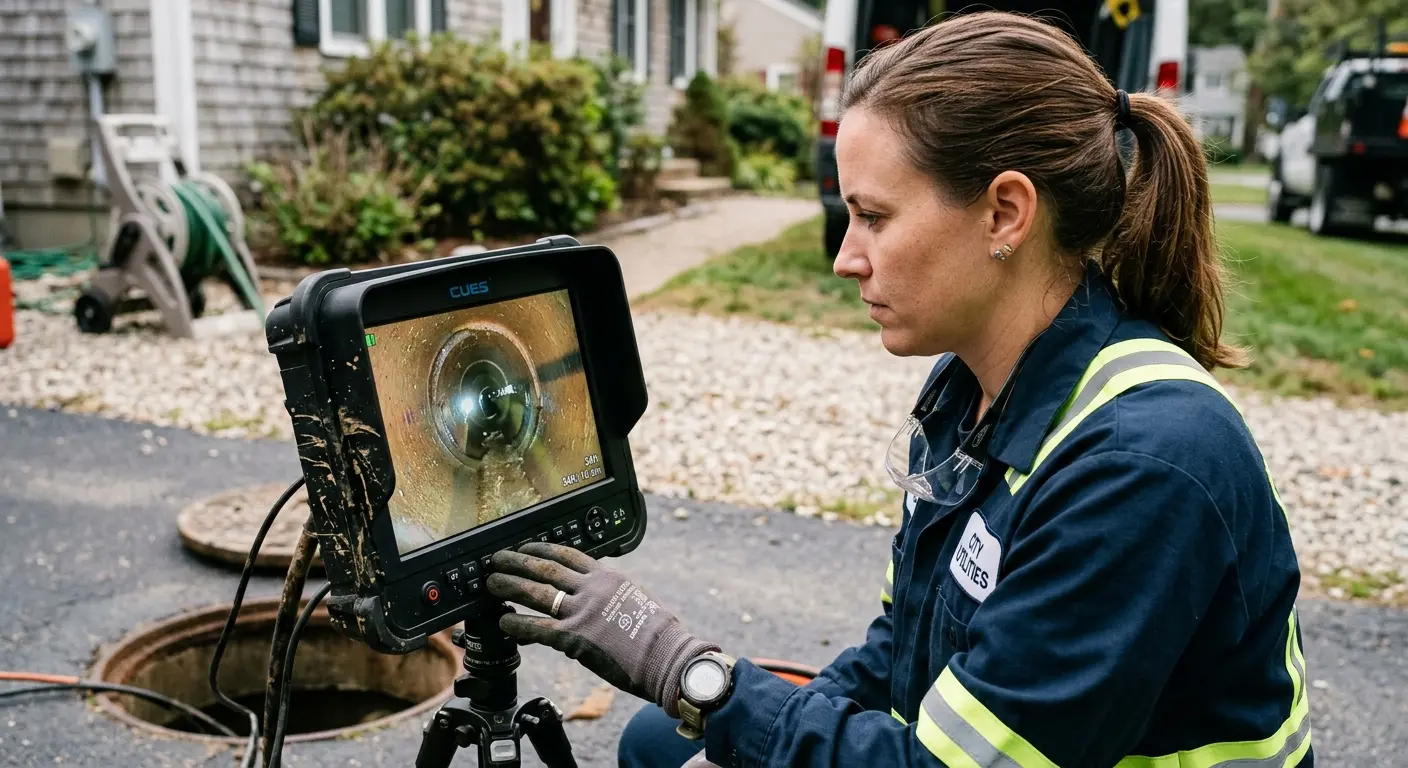 Technician reviewing sewer camera inspection footage in Haines City
