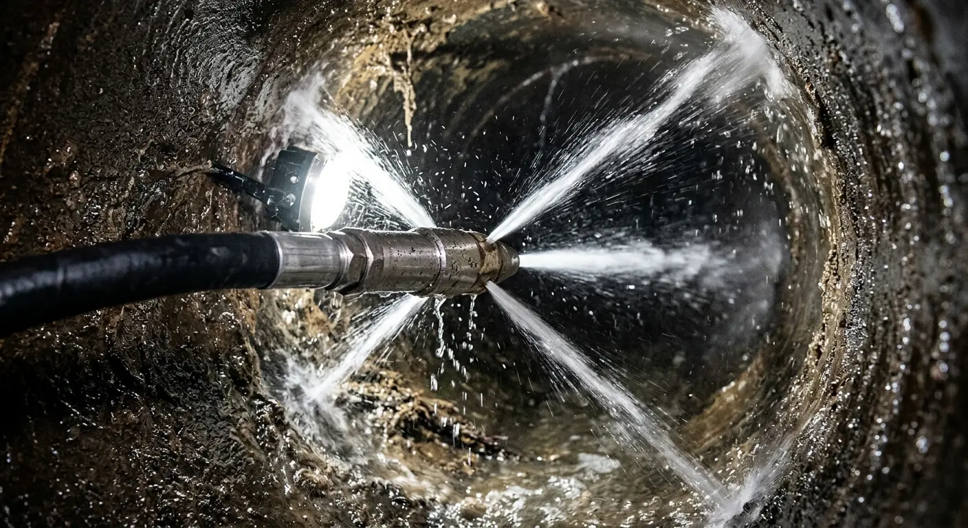 High-pressure hydro jetting nozzle cleaning sewer pipe for Emergency Drain Service in Haines City