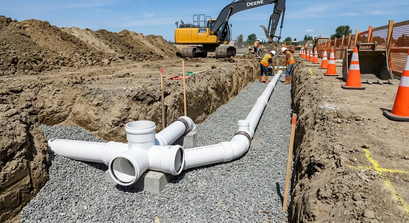 New PVC sewer pipe installation in open trench for Sewer Backup in Haines City