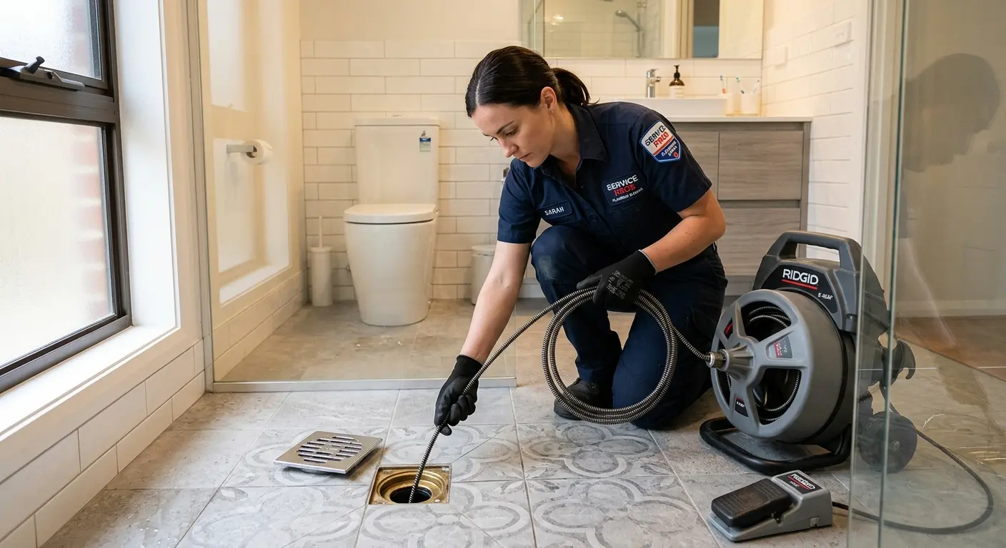 Technician clearing a bathroom floor drain for Drain Repair in Haines City